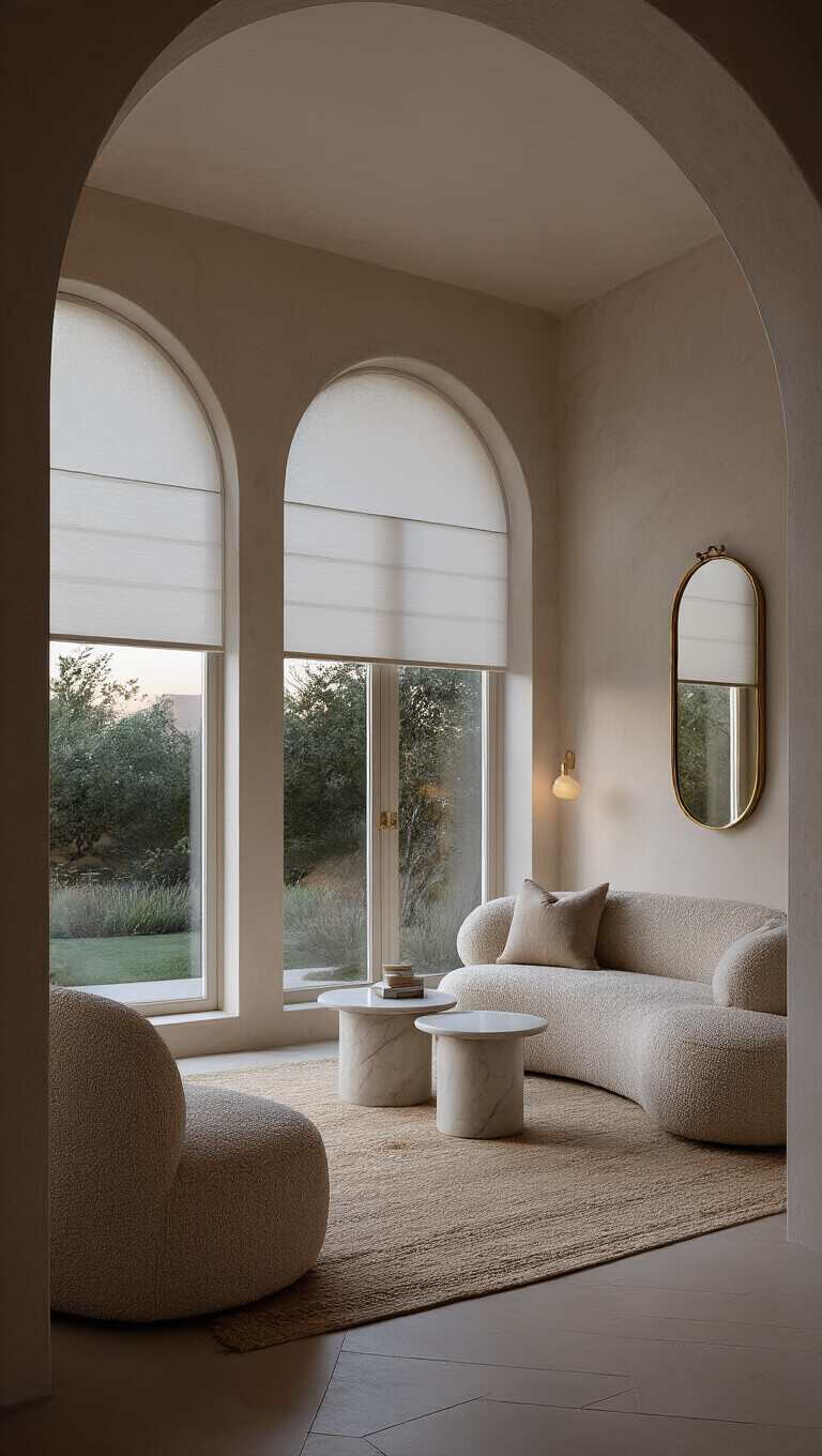 Minimalist 18x20ft sitting room at dusk with curved bouclé loveseat, marble side tables, arched windows with sheer panels, and textured plaster walls softly lit.