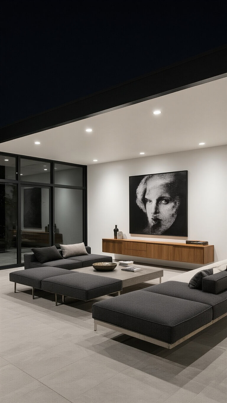 Modern 24x28ft minimalist entertaining space at night with black steel-framed windows, white walls, charcoal modular seating, smoked oak floating credenza, large black and white photography, and dramatic accent lighting.