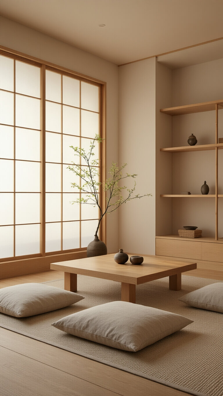 Minimalist 16x18ft meditation room at sunrise with floor cushions, low wooden table, bamboo screens, and soft natural light.