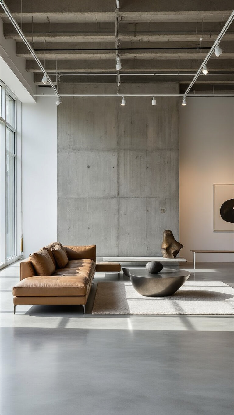 Minimalist gallery-style room with concrete walls, low Italian leather sofa, metal coffee table, and art illuminated by hidden track lighting.