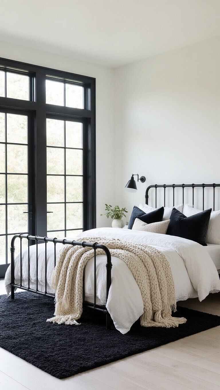 Spacious sunlit bedroom with black metal bed, white linens, velvet pillows, and black rug on whitewashed floors.