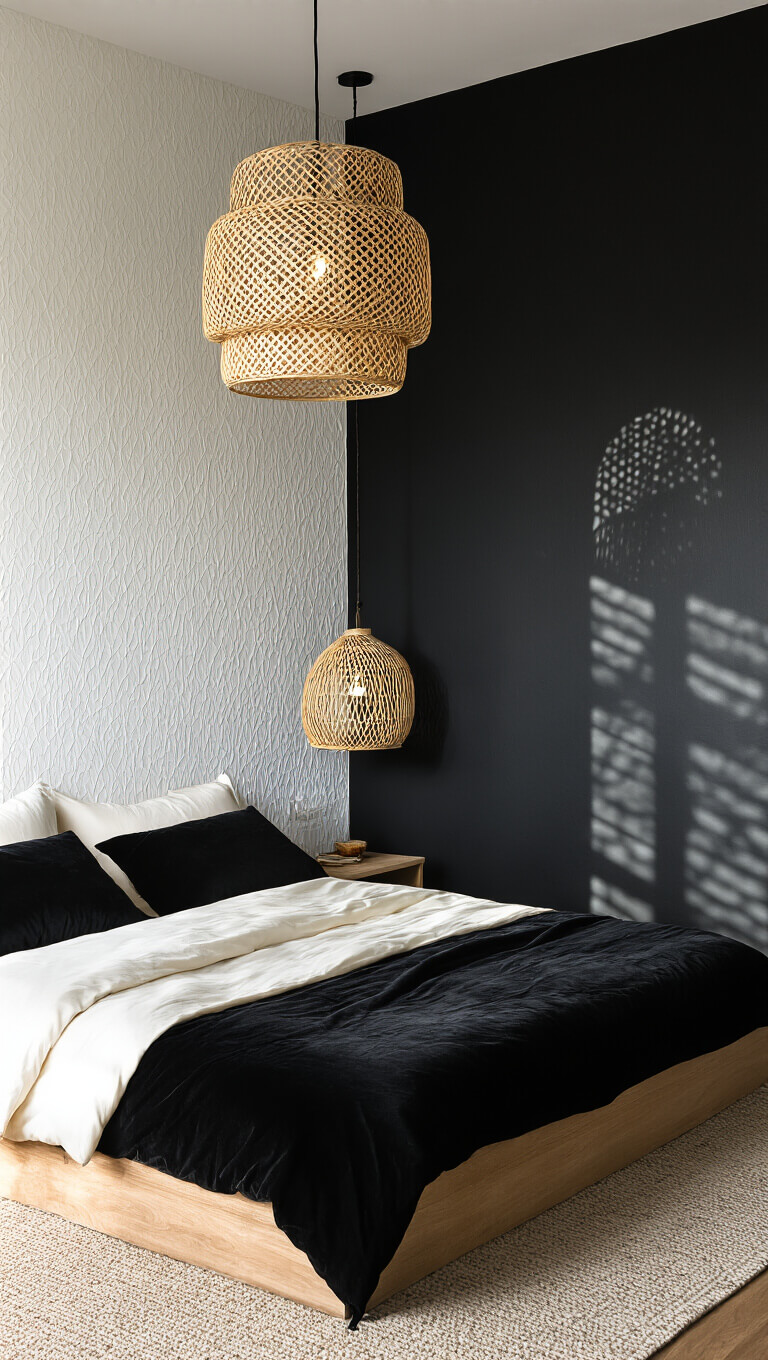 Modern 12x14ft bedroom at golden hour with black accent wall, ivory silk sheets, black velvet duvet, rattan pendant light casting shadows, and moody natural backlighting.