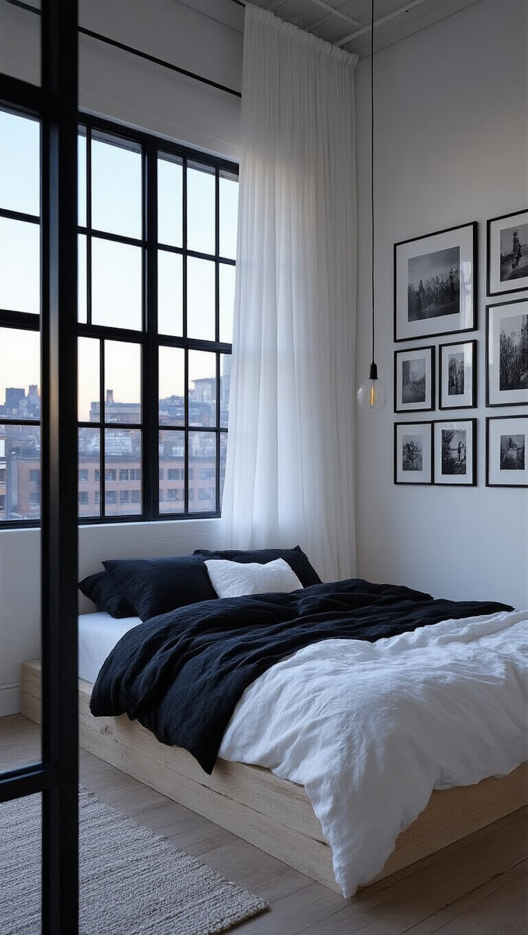 Moody dusk-lit bedroom with industrial windows, sheer curtains, black and white photo gallery wall, and minimal platform bed with layered bedding.