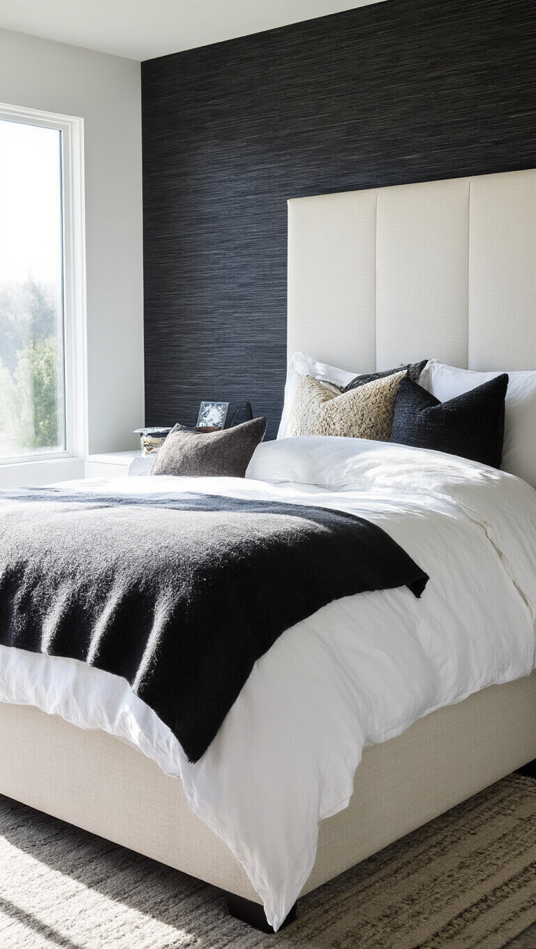 Modern 15x18ft primary bedroom with black grasscloth wallpaper, white headboard, layered bedding, and polished concrete floors in afternoon sunlight.