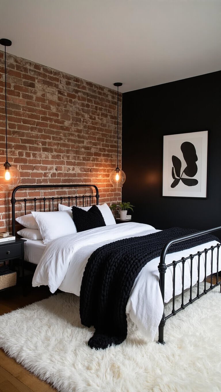 Cozy twilight bedroom with black brick accent wall, vintage iron bed, white linens, black knit throws, faux fur rug, and glowing glass pendant lights.