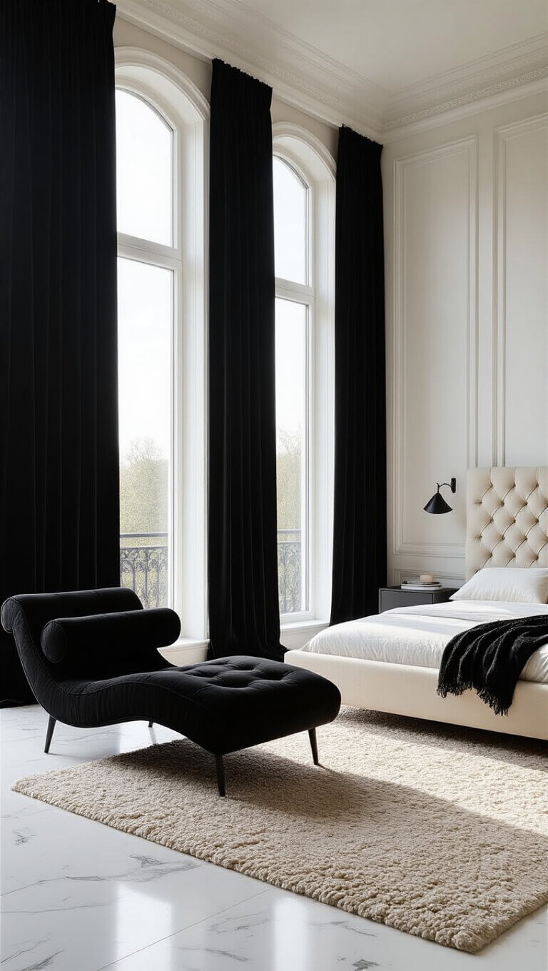 Luxurious 16x20ft bedroom with floor-to-ceiling black velvet drapes, panoramic windows, white marble floor, black bouclé chaise lounge, ivory leather tufted headboard, and textured wool rug in wide-angle midday shot.