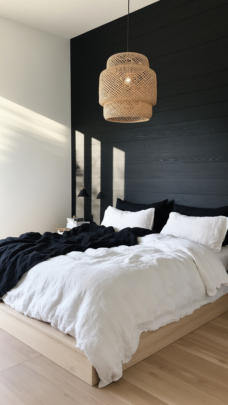 Minimalist Scandinavian bedroom with black shiplap wall, white oak floors, platform bed in white and black bedding, and woven pendant light at sunrise.