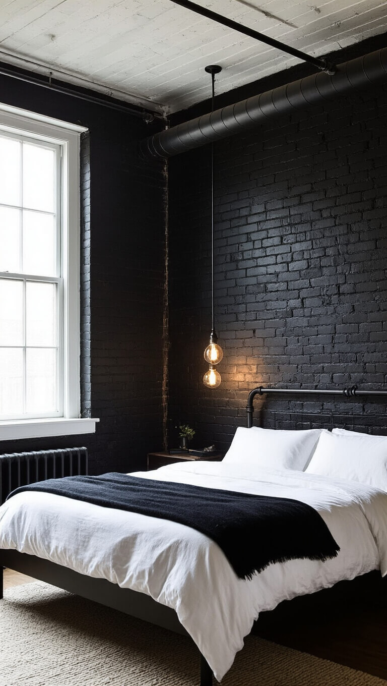 Low-angle view of moody urban bedroom with black brick wall, white tin ceiling, industrial bed frame, and dramatic sconce lighting.