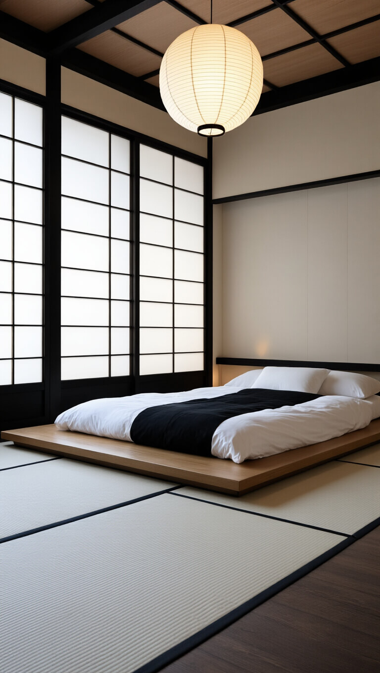 Minimalist 14x16ft bedroom at dawn with black Japanese sliding doors, white tatami mats, low platform bed in white cotton and black silk bedding, softly lit by a paper lantern.