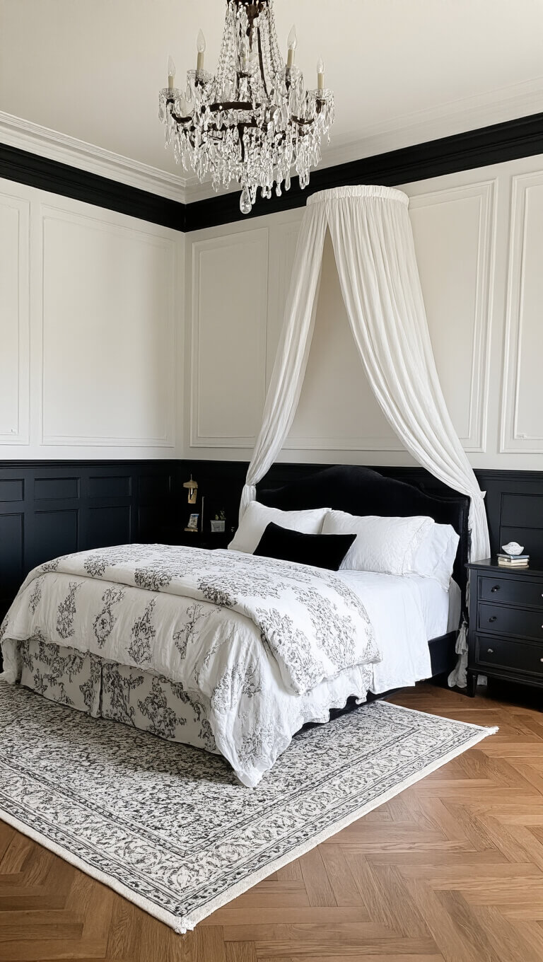 Elegant 15x17ft bedroom with black wainscoting, white walls, canopy bed, and chandelier casting shadows in afternoon light.