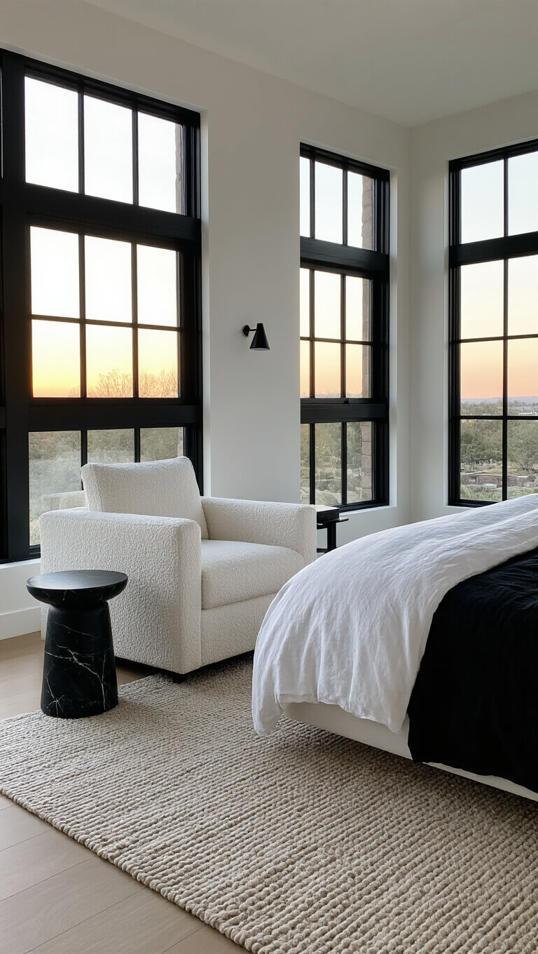 Modern 13x15ft bedroom at sunset with black steel windows, white bouclé armchair, black marble side table, textured rug, and platform bed in white linen and black cotton.