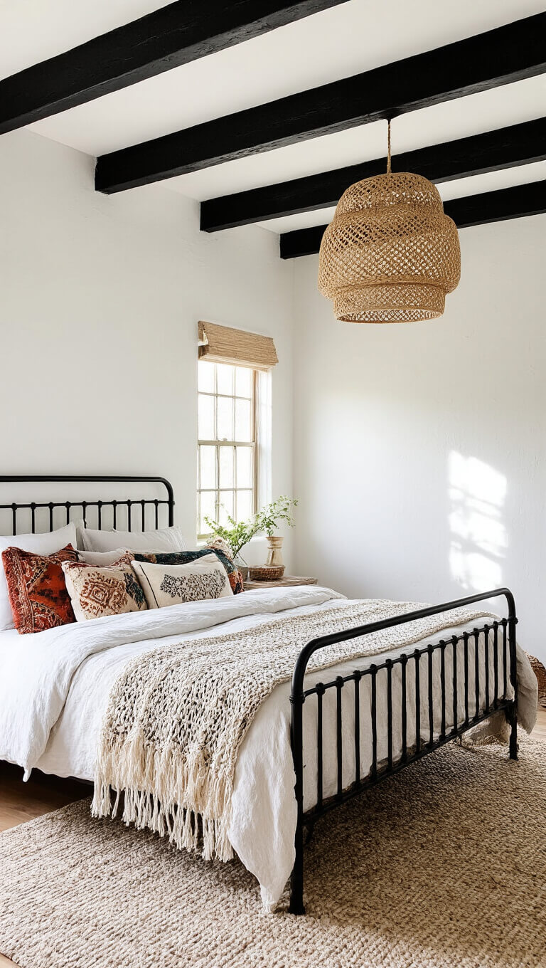 Bohemian 12x14ft bedroom with black ceiling beams, white stucco walls, vintage iron bed, macramé throws, ethnic pillows, and rattan pendant casting shadows in morning light.