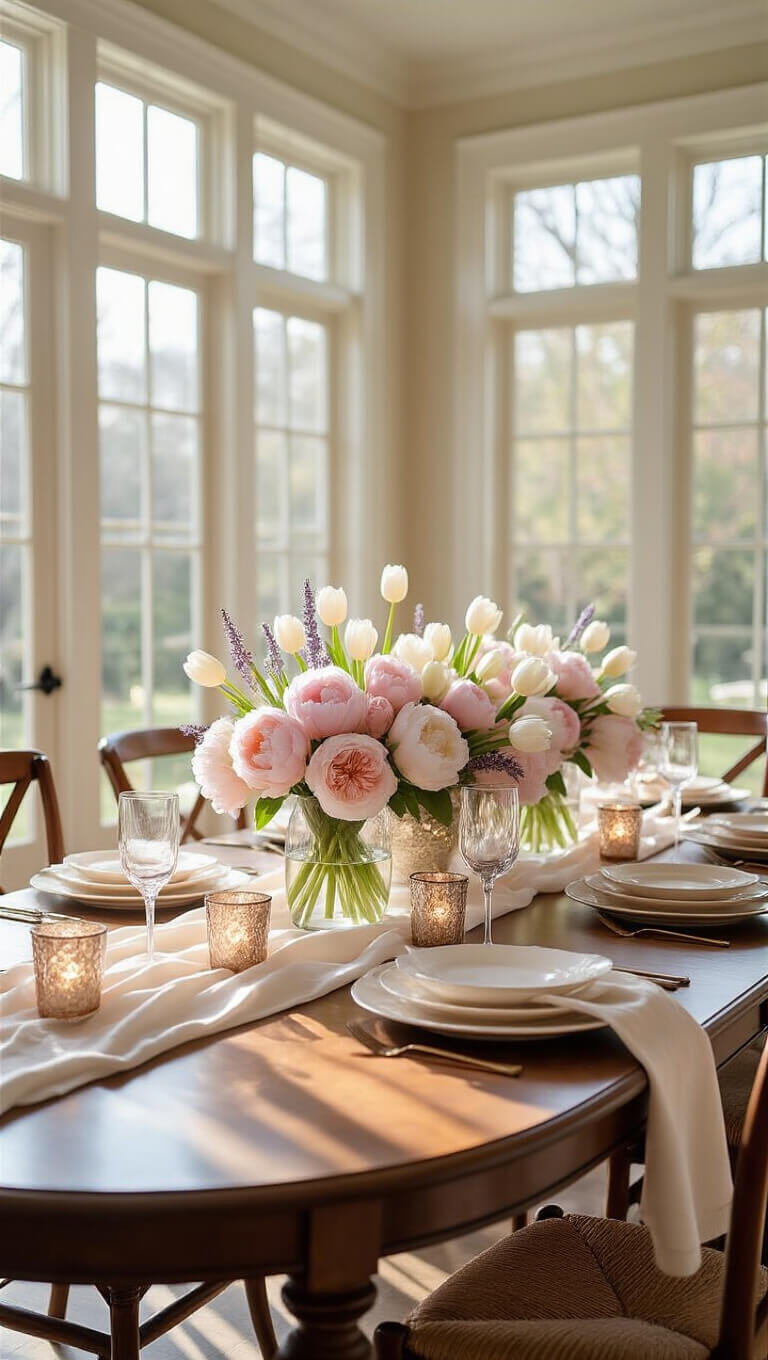 Elegant early morning dining room with walnut oval table set with layered linens, pastel florals in bud vases, and glowing votives, bathed in natural light from tall windows.
