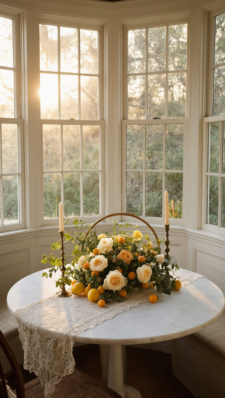 Romantic breakfast nook with marble table, vintage lace runner, floral brass centerpiece, citrus accents, and warm golden hour backlighting through bay windows.