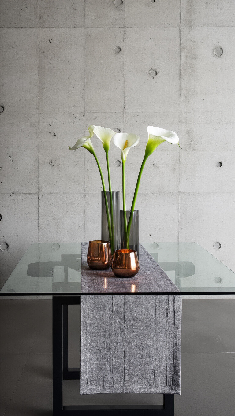 Overhead view of modern 12x15ft dining space with glass table, concrete accent wall, and minimalist decor featuring calla lilies, copper votives, and slate gray geometric runner.