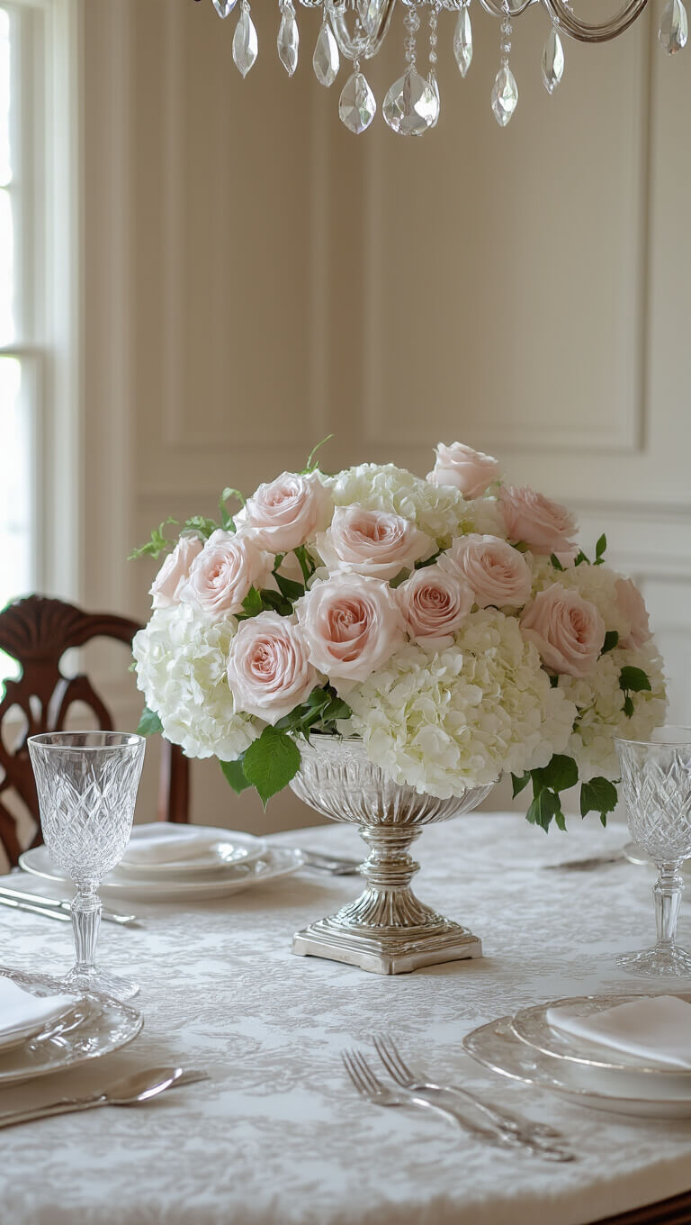 Elegant formal dining room with mahogany table, pearl white damask tablecloth, crystal centerpiece of blush and white flowers, silver candelabras, and fine china in soft afternoon light.