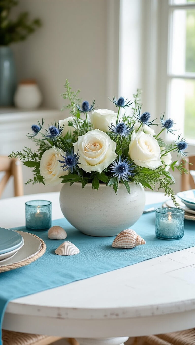 Coastal-themed breakfast nook with whitewashed round table, aqua table runner, floral centerpiece of white roses and blue thistle, sea-inspired accents, and bright natural lighting.