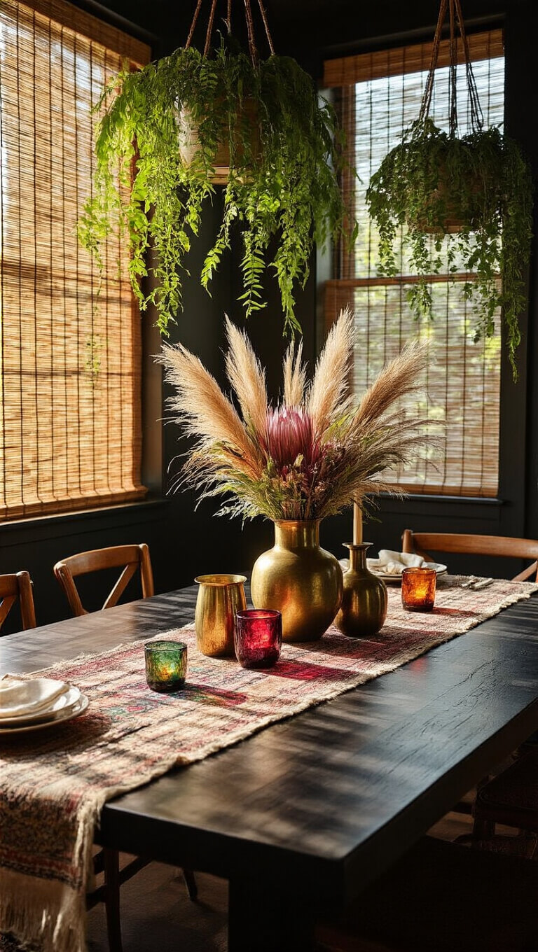 Bohemian 11x13ft dining room with dark wood table, layered vintage textiles, hanging plants, jewel-toned glass votives, and eclectic centerpiece of protea, pampas grass, and brass vessels, lit by dappled light through bamboo blinds.