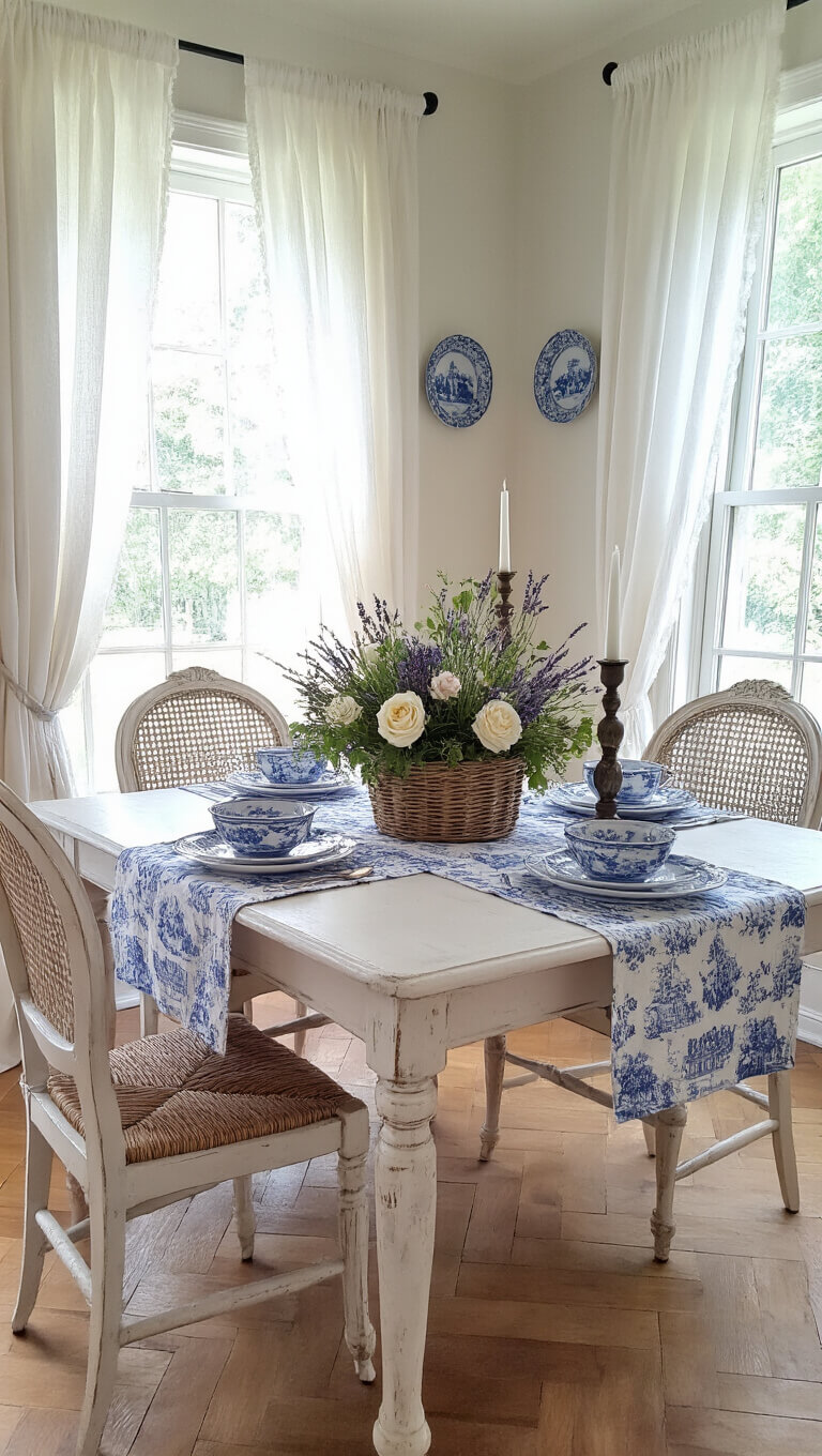 French country dining room with herringbone floors, distressed white table, blue toile runner, floral basket centerpiece, and vintage candlesticks in morning light.