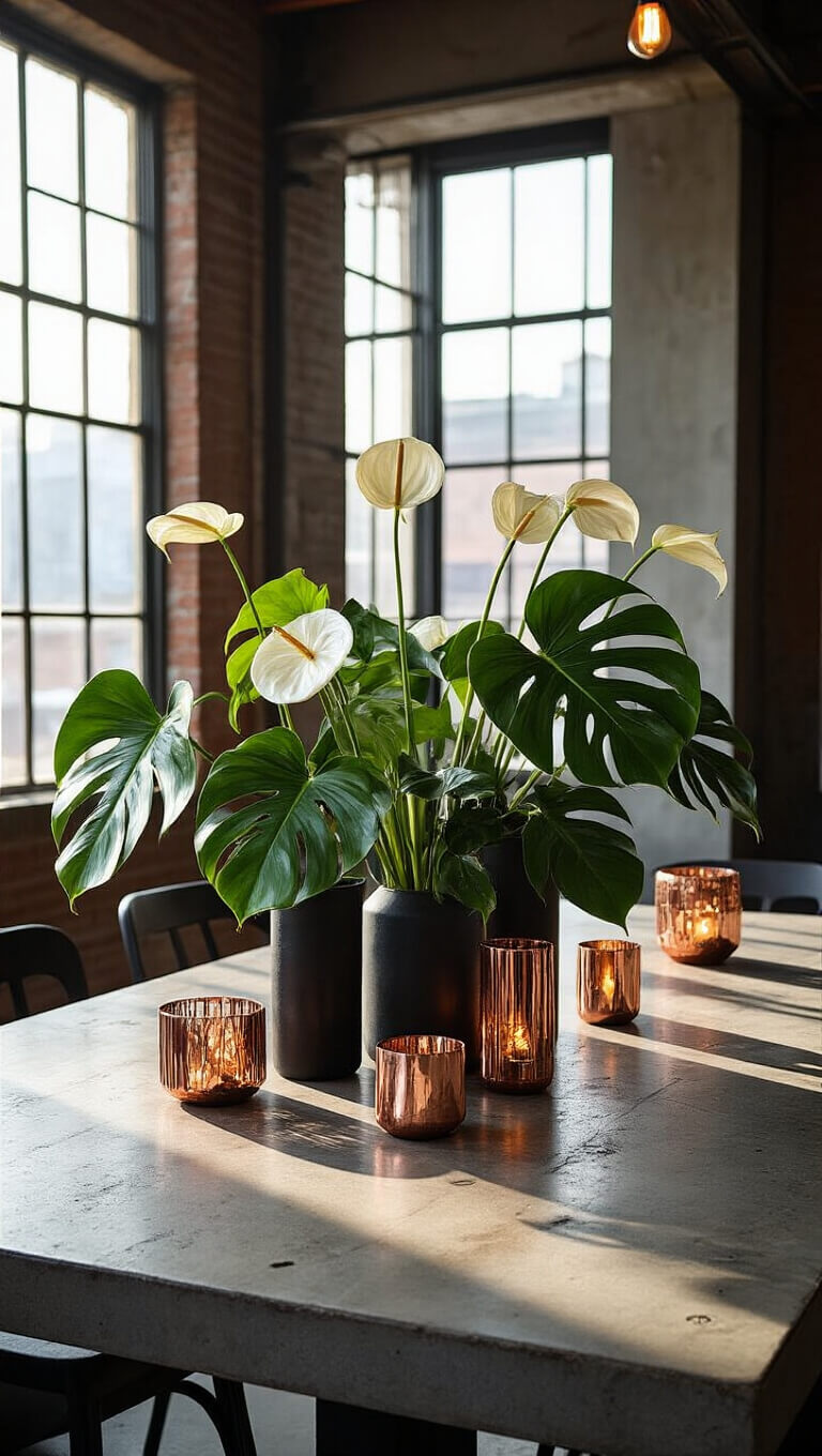 Industrial chic loft dining area with steel and wood table, dramatic monstera and anthurium centerpiece, copper votives, raw decor elements, and strong directional late afternoon light casting deep shadows.