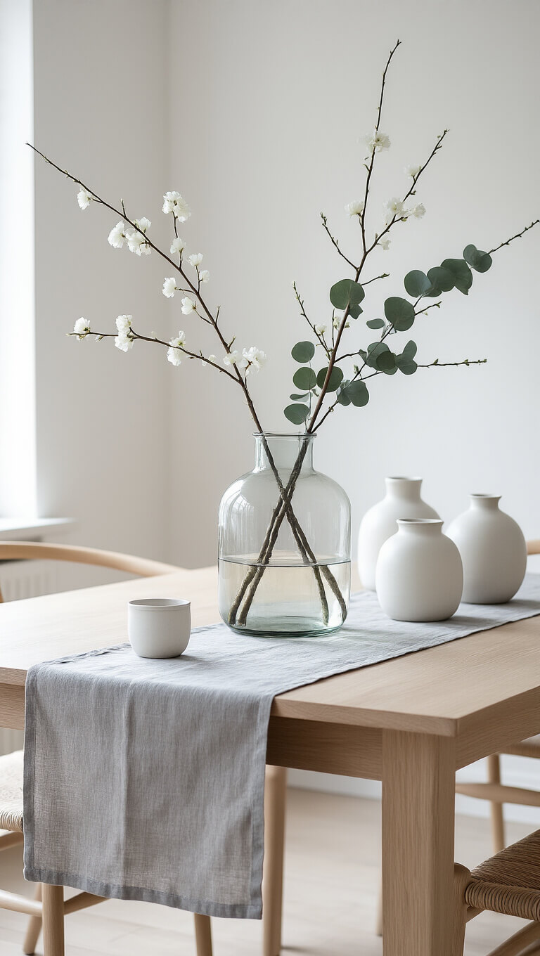 Minimalist Scandinavian dining room with pale oak table, white walls, and ceramic vessels; glass vase with eucalyptus branches; soft daylight and serene ambiance.