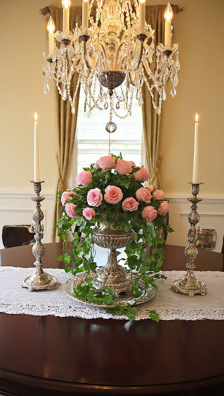 Victorian-style formal dining room with chandelier lighting, dark cherry table, lace tablecloth, silver epergne of pink roses and ivy, crystal candlesticks, and antique silver accents.