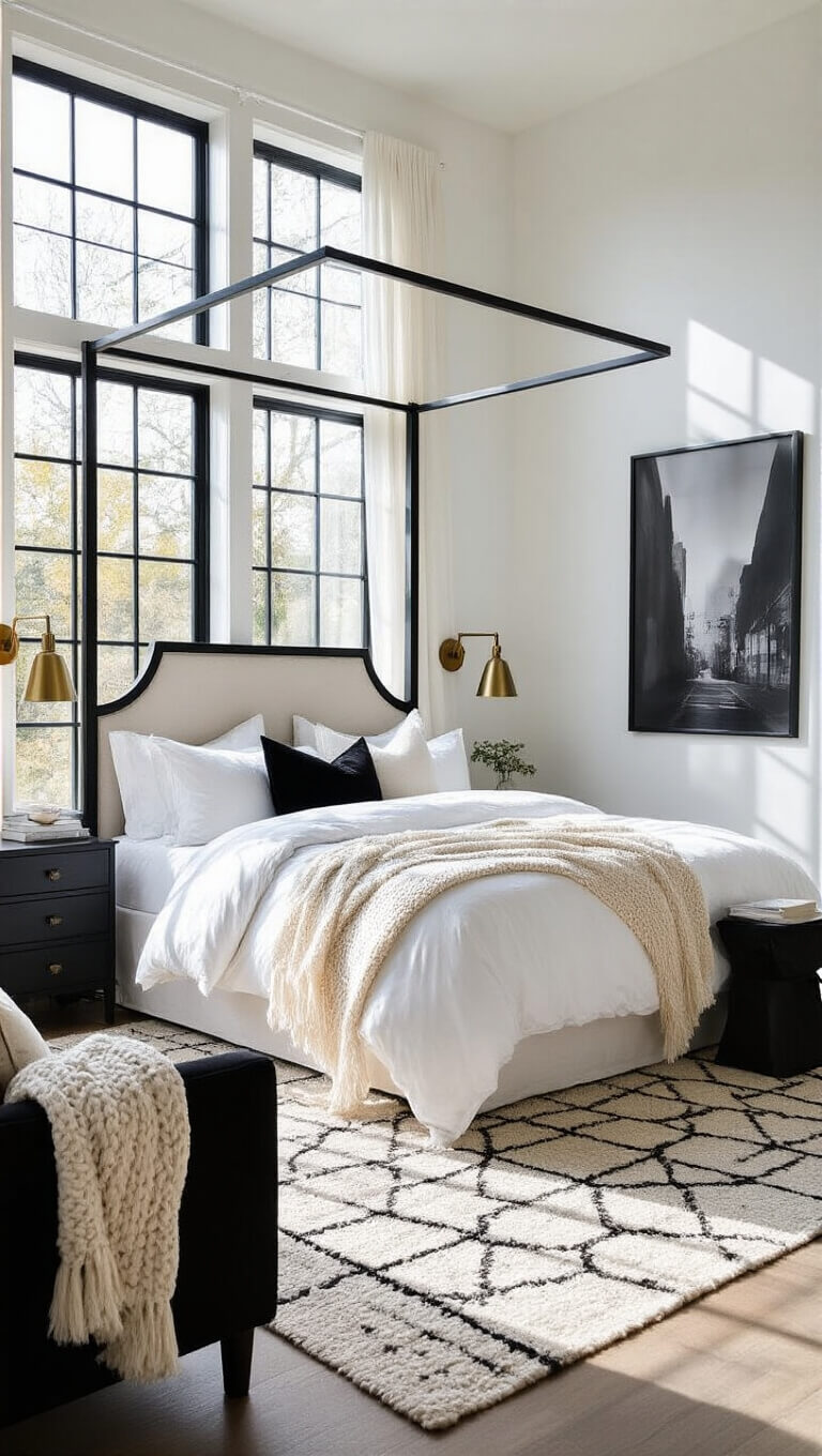 Spacious bedroom with black iron canopy bed, white bedding, and modern decor bathed in morning light through floor-to-ceiling windows.