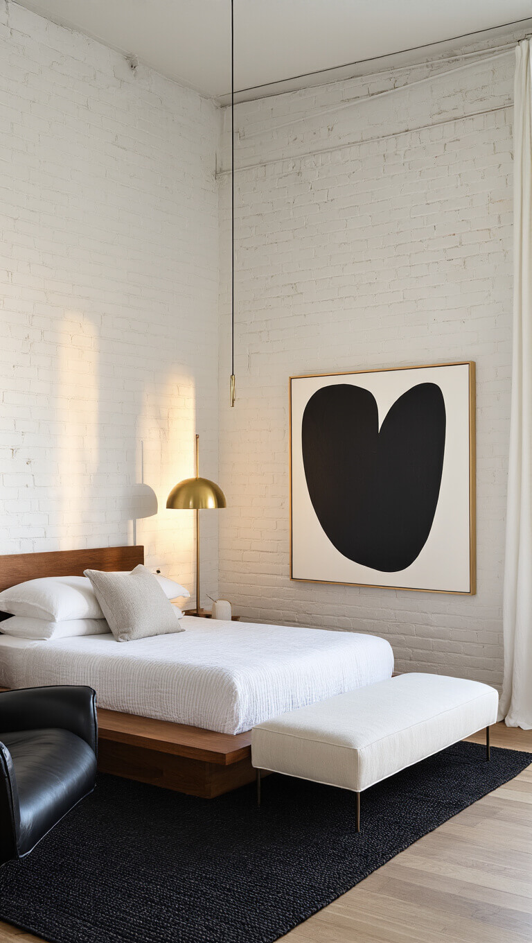 Minimalist 12x14ft bedroom at golden hour featuring an ebony platform bed, abstract black-and-white canvas, black leather chair with brass arc lamp, white bouclé bench, and black jute rug under soft white linen drapes.