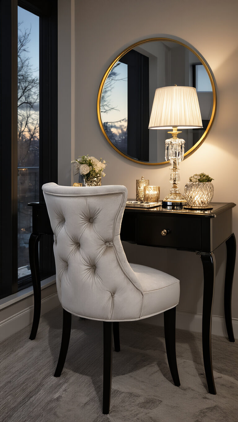 Luxe bedroom vanity with black lacquered desk, white velvet chair, gold-rimmed mirror, crystal lamp, and metallic accents at dusk.