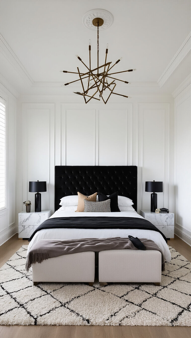 Luxurious master suite with black velvet headboard, white paneled walls, marble side tables, black lamps, modern chandelier, and layered textiles in soft afternoon light.