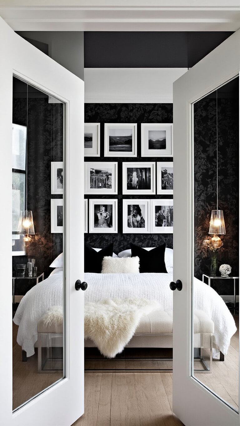 Moody twilight bedroom with black wallpaper, white-framed photo gallery, king bed in white bouclé, and reflective chrome side tables.