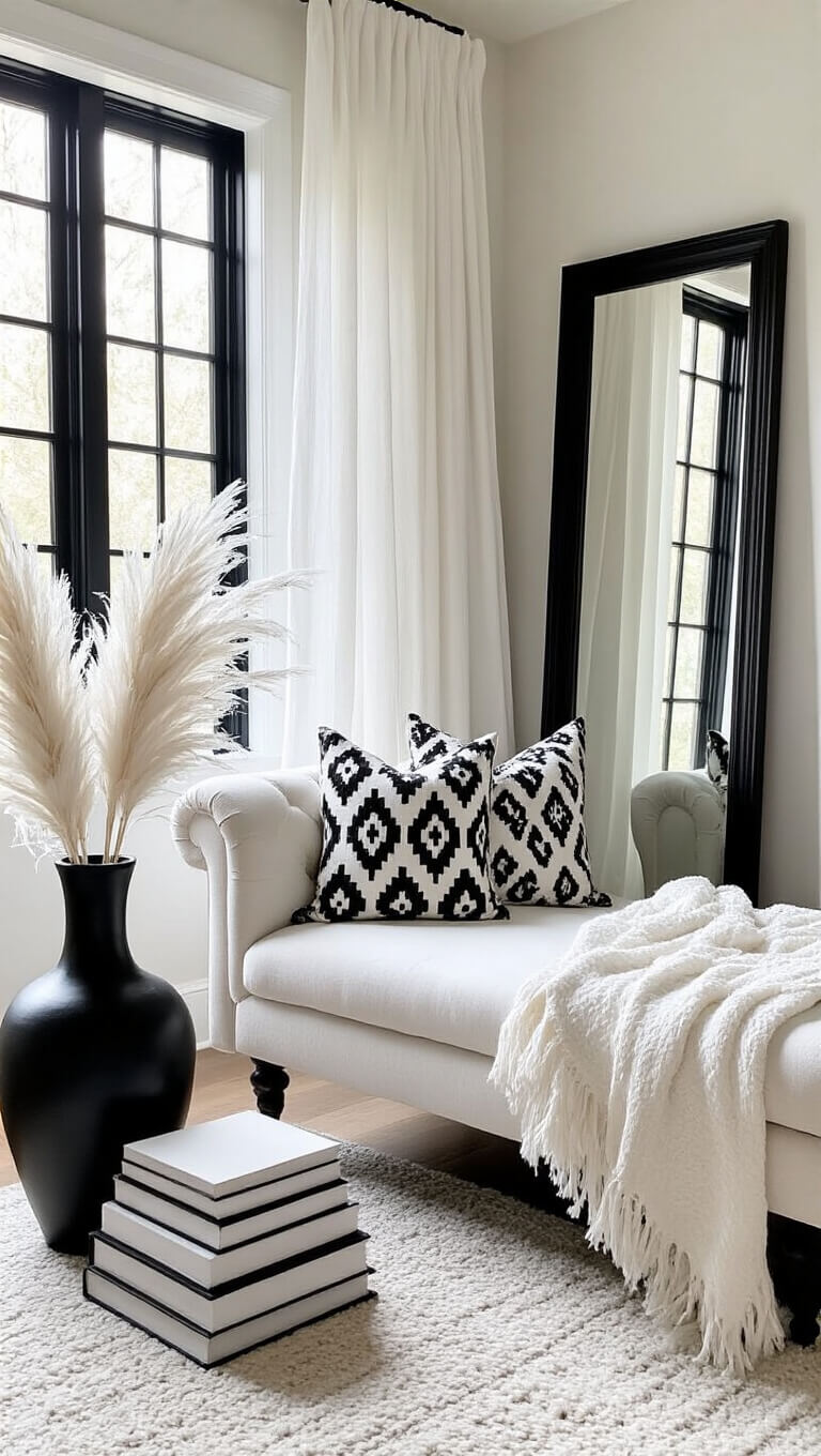 Boudoir corner with white chaise, black-framed windows, pampas grass in black vase, tribal print pillows, and floor mirror in soft morning light.