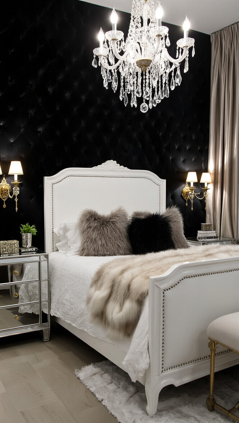 Luxurious nighttime bedroom with white lacquered bed, black velvet wall, crystal chandelier, mirrored nightstands, and silk drapes.