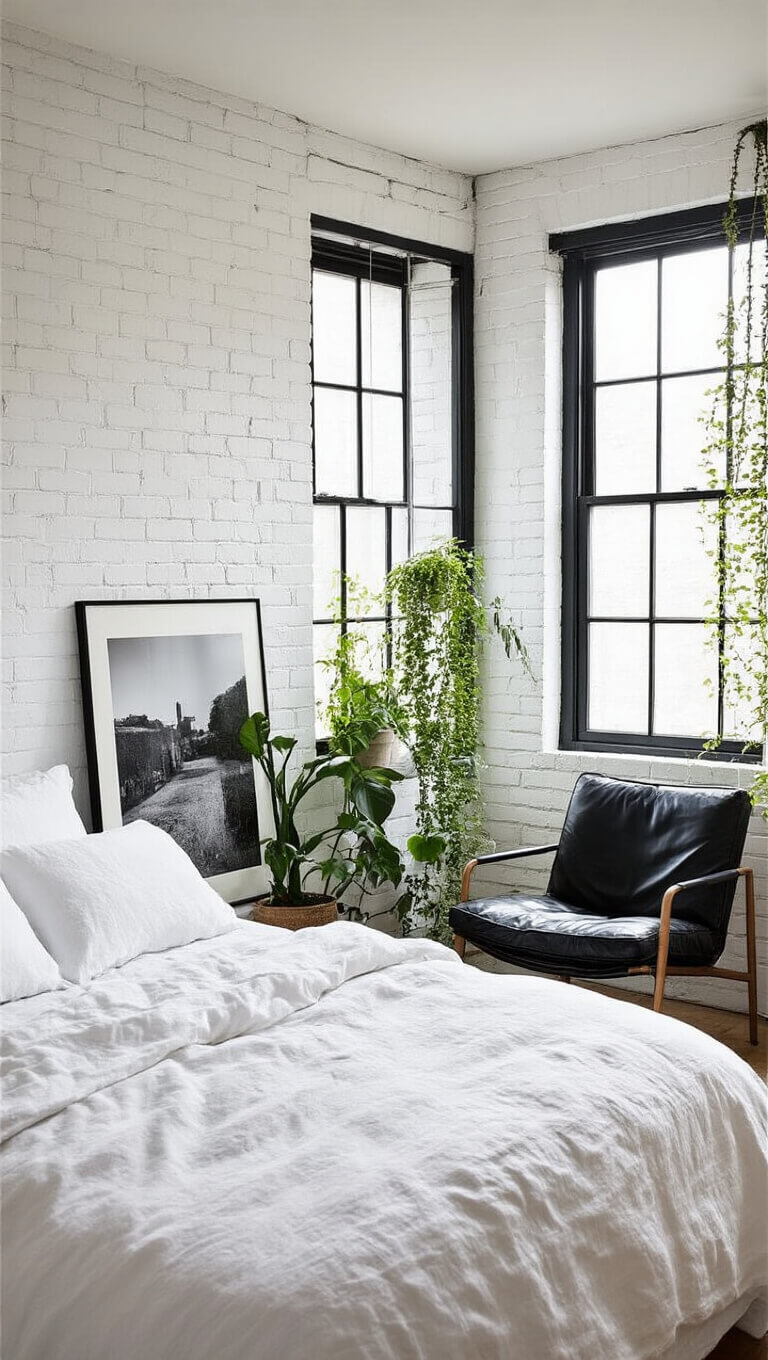 Minimalist airy bedroom with white brick walls, black steel windows, white linen bed, vintage black leather chair, black and white photography, and trailing plants in soft morning light.