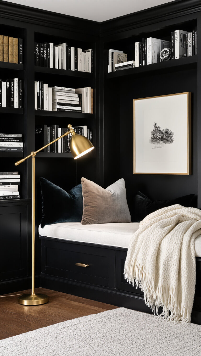 Cozy bedroom reading nook at dusk with black built-in shelves, white window seat, brass lamp, and layered wool and velvet textiles.