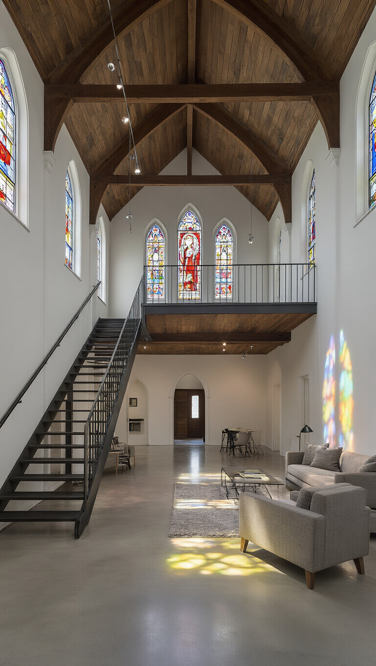 Modern loft in a converted church with 30-foot ceilings, stained glass windows casting colorful light on white walls, floating staircase, exposed beams, and minimalist decor.