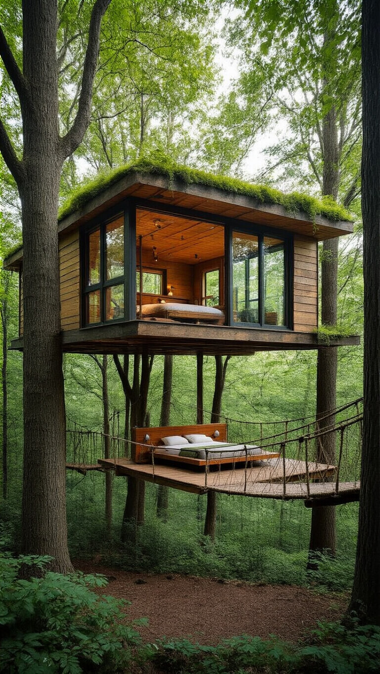 Contemporary eco-friendly treehouse suspended between oak trees with floor-to-ceiling windows, living sedum roof, reclaimed wood interior, and rope bridge entrance, surrounded by forest canopy.