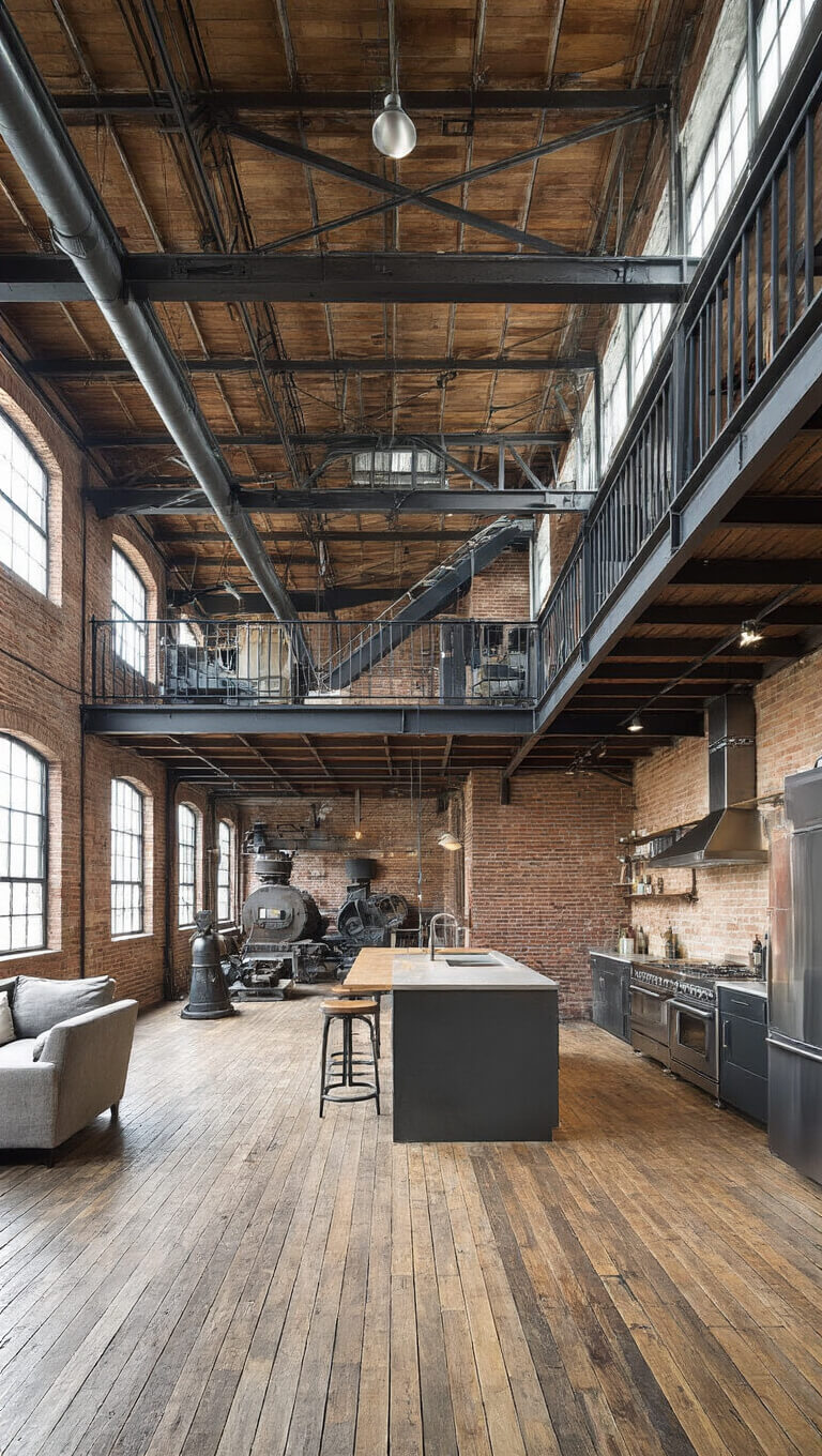 View from mezzanine overlooking double-height industrial loft with exposed brick, steel trusses, vintage machinery dividers, and modern kitchen island in warm afternoon light.