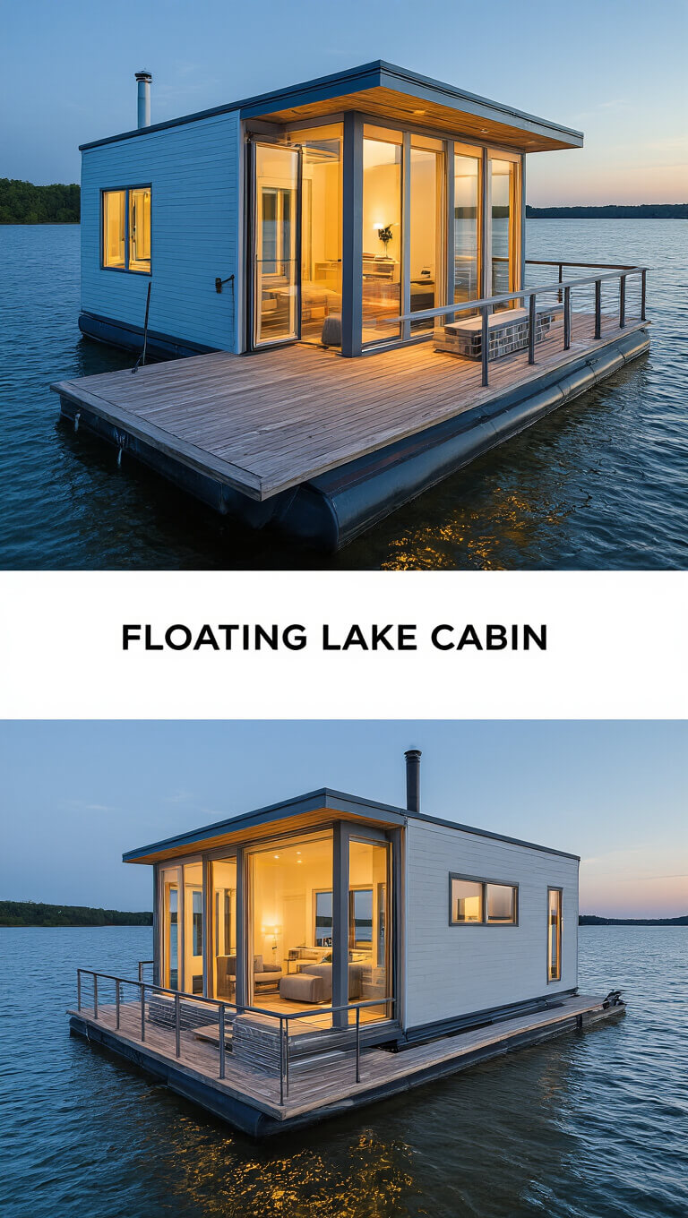 Modern floating lake cabin with wraparound glass deck, serene sunset lighting, and Scandinavian blue-and-white interior visible through large windows.