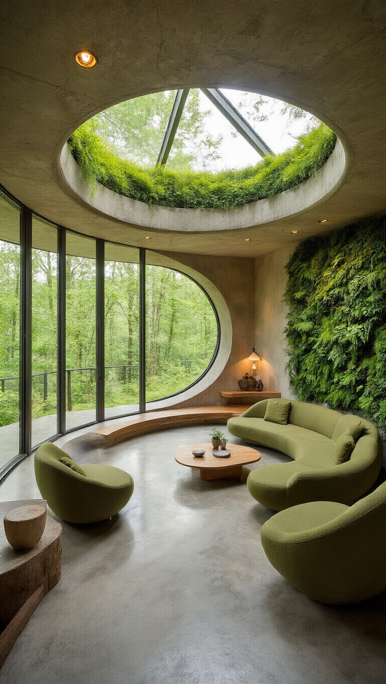 Underground eco-home with curved green roof, sunken living room lit by south-facing glass wall, polished concrete floors, organic furniture in mushroom and sage tones, living wall of ferns and moss, blending seamlessly into surrounding landscape.