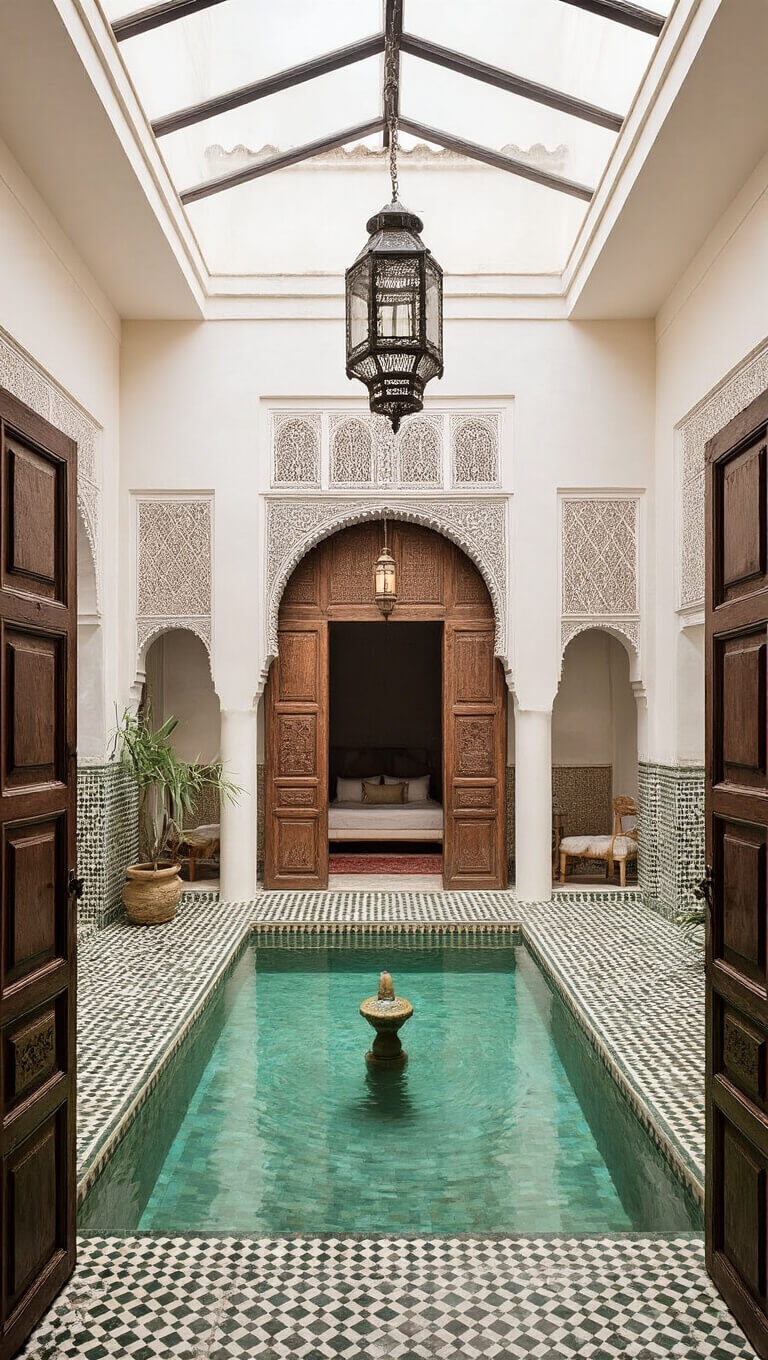 View from upper level of Moroccan riad courtyard with central fountain, zellige tiles, modern glass roof, carved wooden doors, and jewel-toned textiles against white walls.