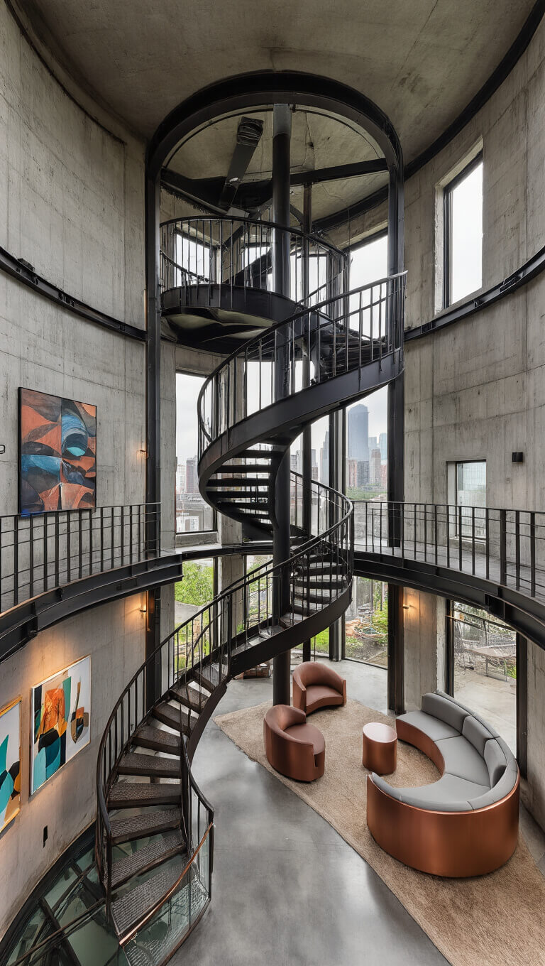 Converted six-story water tower home with spiral steel staircase, exposed concrete walls, modern art, copper and grey round furniture, glass-floor rooftop garden, and dramatic vertical lighting.