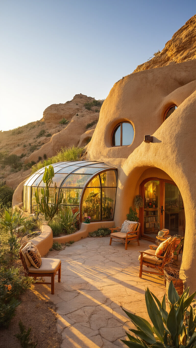 Sustainable desert earth ship home with curved adobe walls, recycled bottle insets, and greenhouse corridor, blending into hillside at golden hour.
