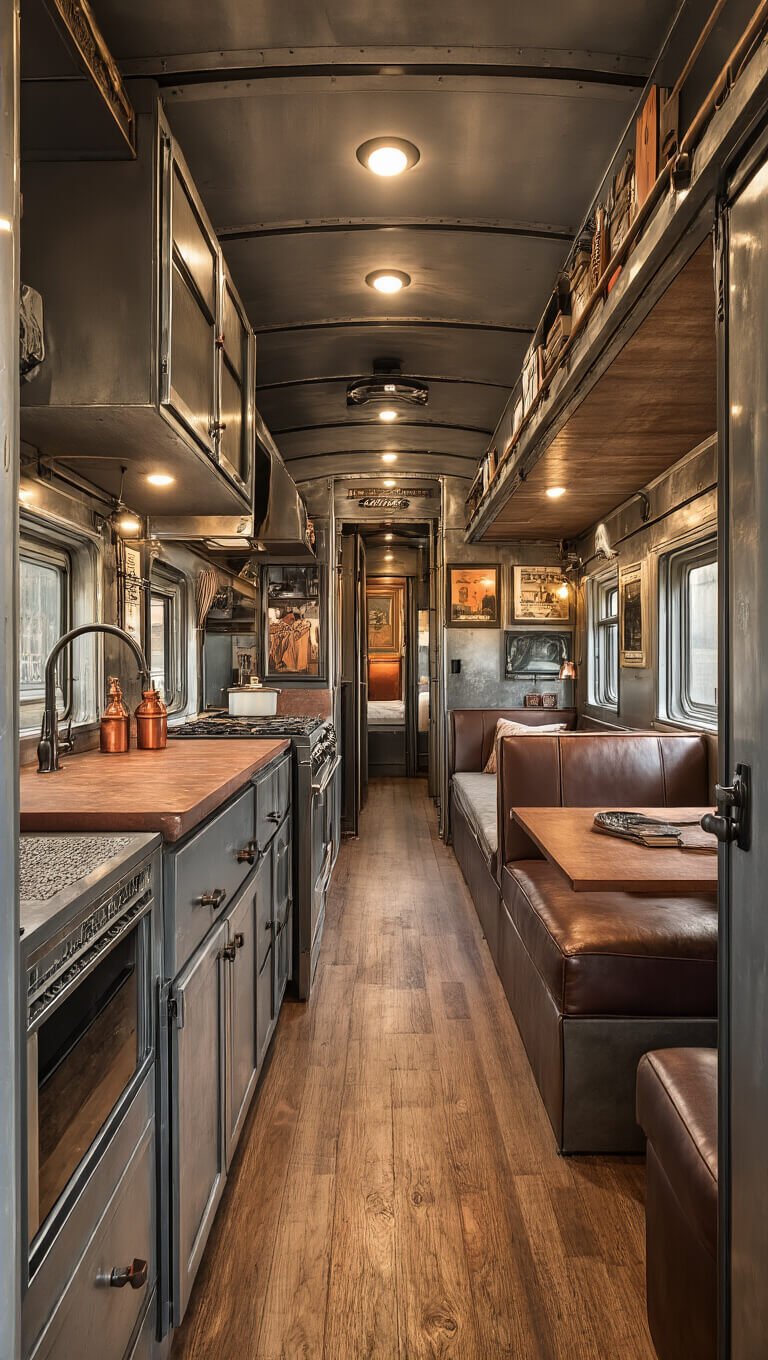 Vintage train car converted into cozy linear home with modern kitchen, built-in sleeping nooks, and nostalgic industrial decor.