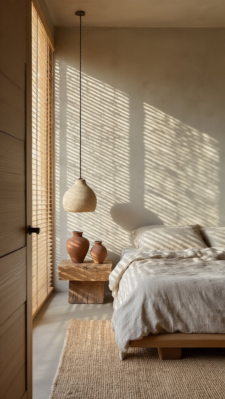 Cozy 10x12ft bedroom at dawn with morning light casting shadows, featuring handmade ceramic pendant lamp, rumpled oatmeal linen bedding, raku pottery on wooden nightstand, and exposed concrete wall with bamboo blinds.