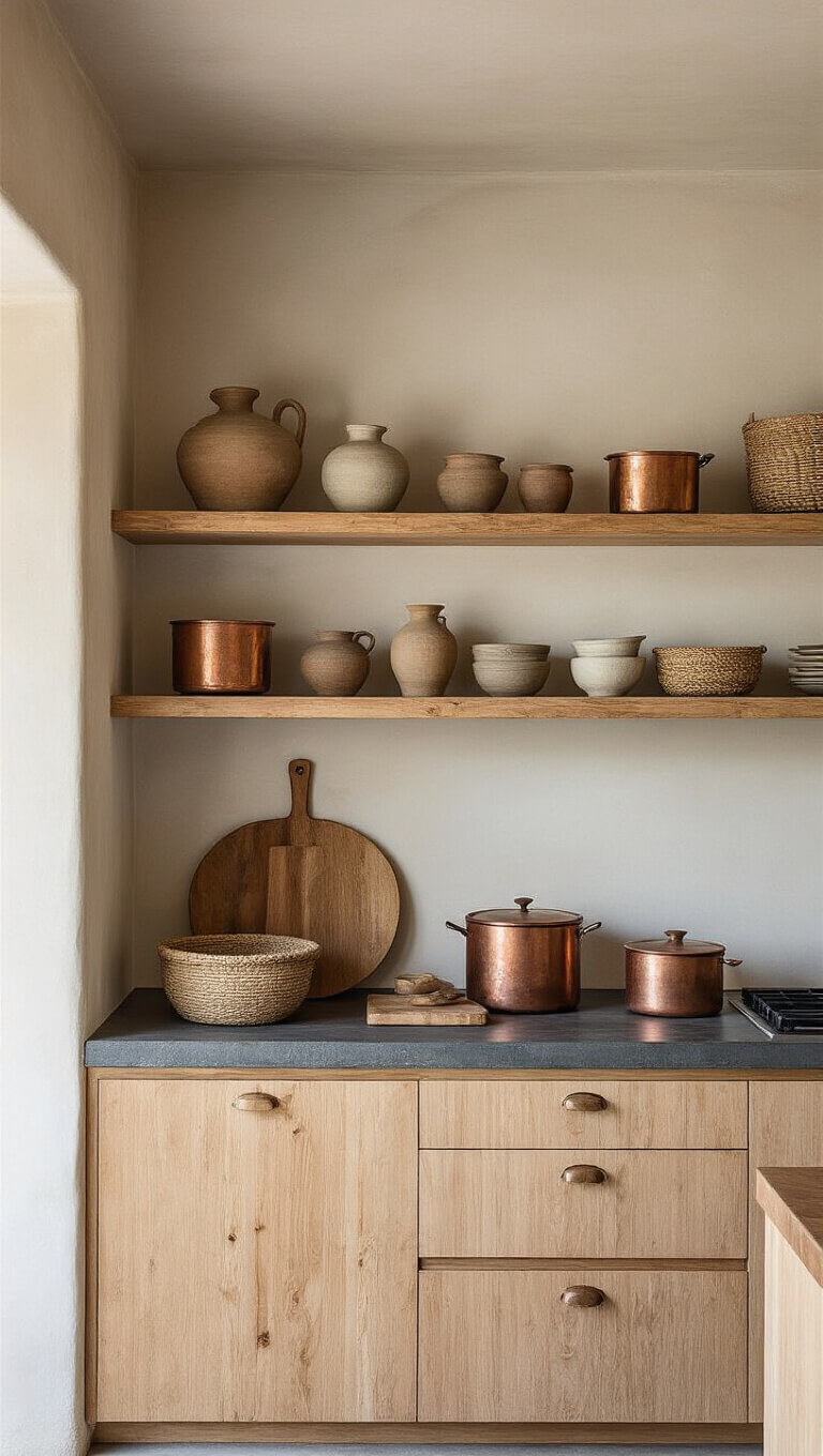 Overhead view of minimalist 12x8ft kitchen with soapstone counters, aged copper pots, handmade pottery on cedar shelves, and worn wooden cutting boards in soft late afternoon light.