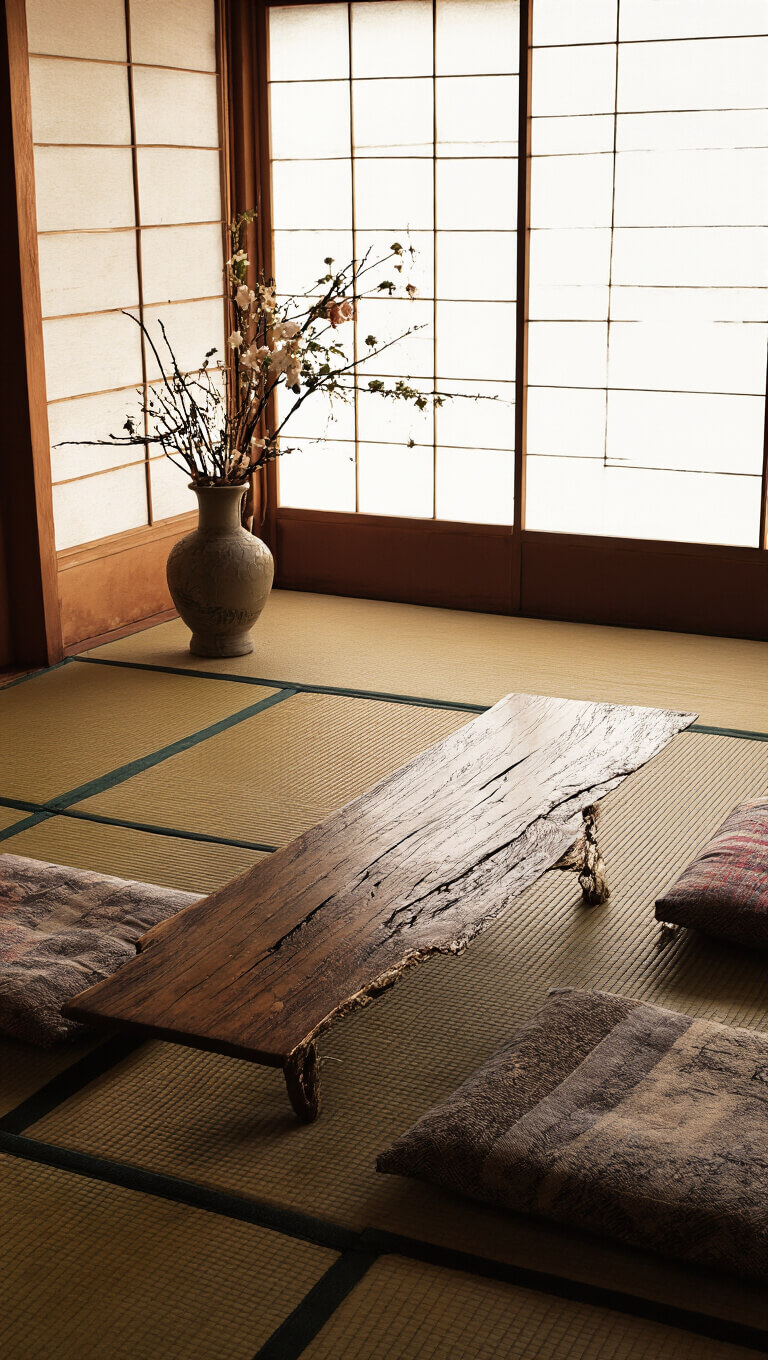 Low-angle view of a serene 8x10ft tea room at dusk, featuring worn tatami mats, an asymmetrical ikebana in a cracked ceramic vessel, a hand-carved wooden tea table, shoji screens filtering soft light, textured clay walls, and faded vintage cushions.