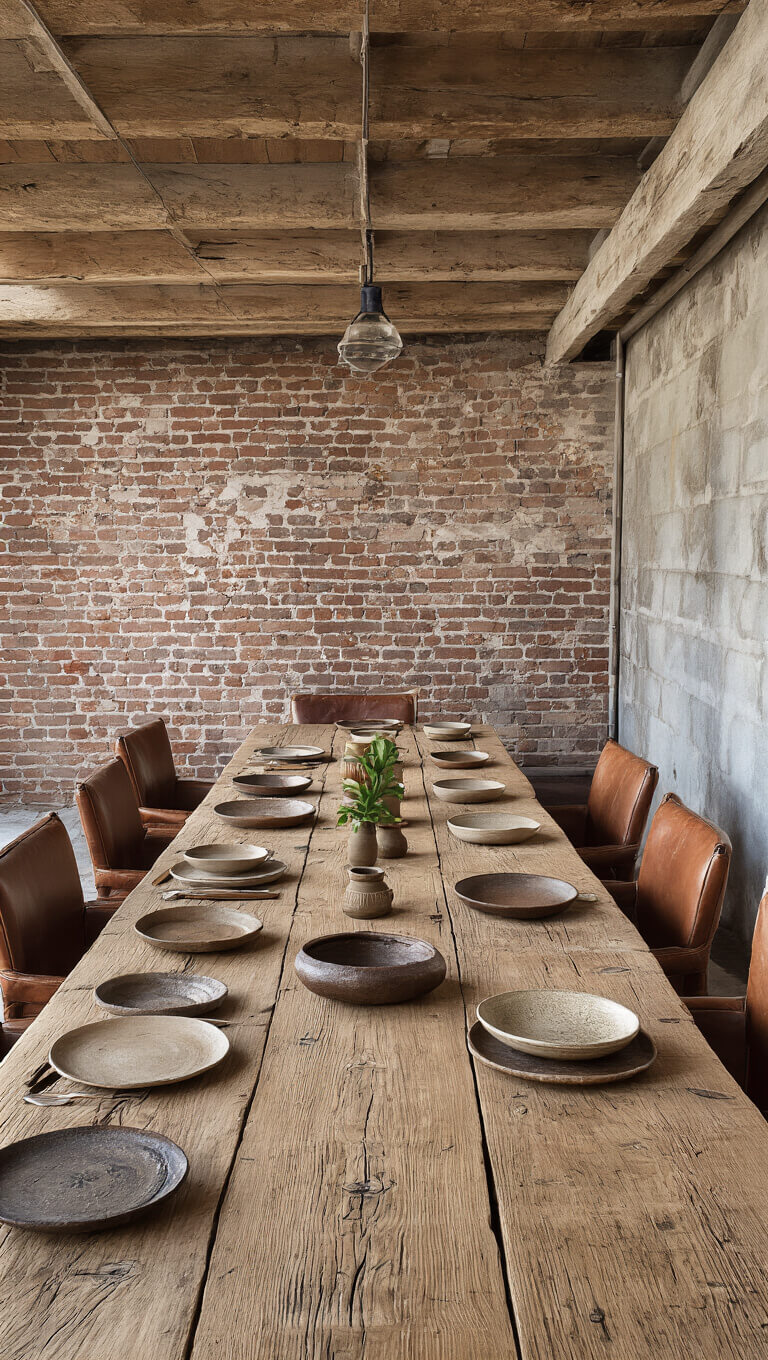 Rustic dining room with reclaimed wood table, worn leather chairs, handthrown ceramic plates, exposed brick wall, and vintage kilim rug under natural skylight.