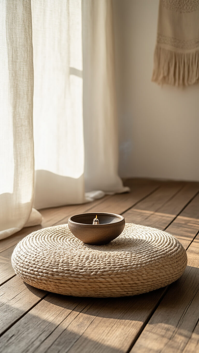 Close-up of hand-woven meditation cushion on distressed wooden floor, with ceramic incense bowl, cotton curtain, and aged wall hanging in soft early morning light.