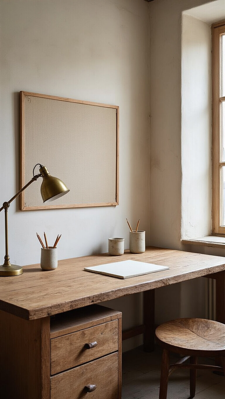 Modern 16x14ft workspace with handcrafted wooden desk, wabi-sabi decor, vintage brass lamp, ceramic pencil holders, and hand-troweled plaster walls bathed in afternoon light.